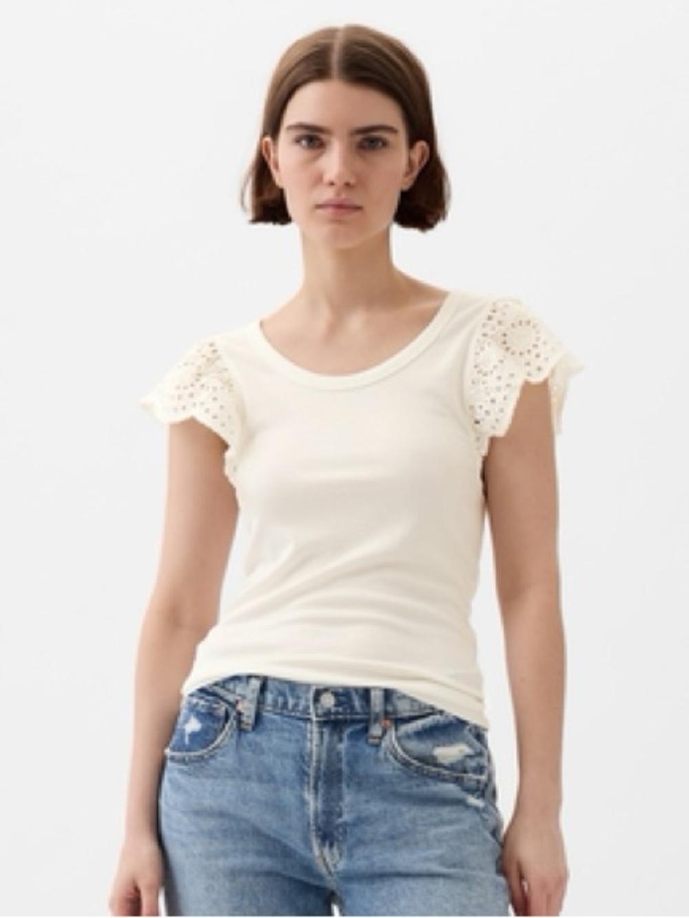 Gap White Ribbed Flutter Eyelet Sleeve Top- Tall Length